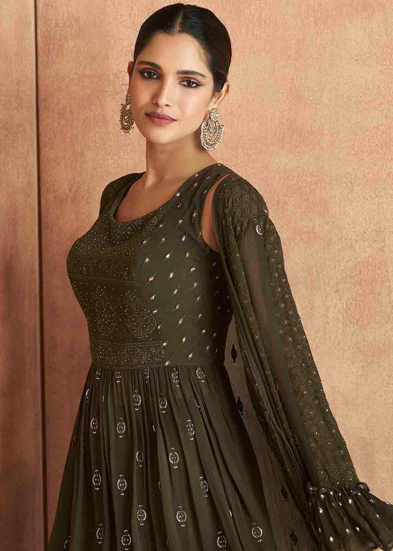 Army Green Georgette Designer Jacket Suit with Embroidery work