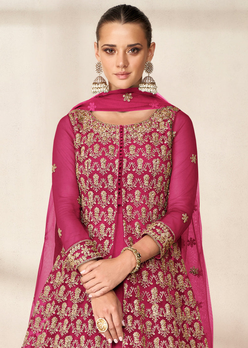 Peony Pink Net Anarkali Suit with Heavy Embroidey work