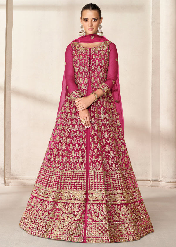Peony Pink Net Anarkali Suit with Heavy Embroidey work