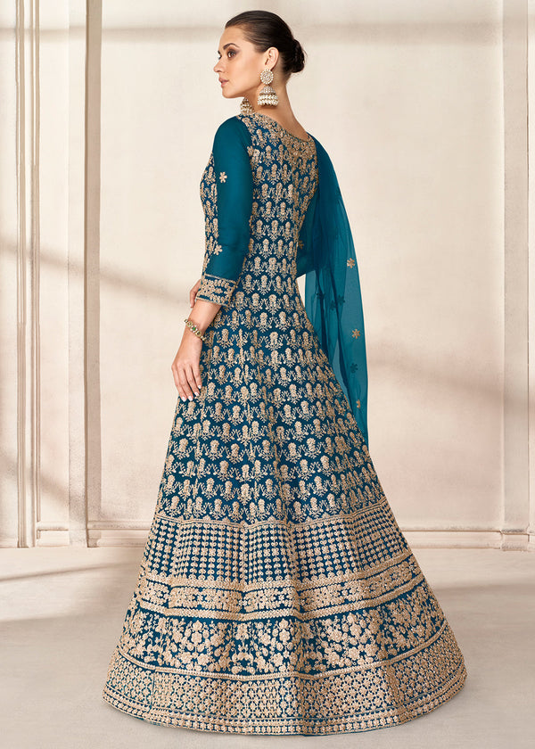 Prussian Blue Net Anarkali Suit with Heavy Embroidey work