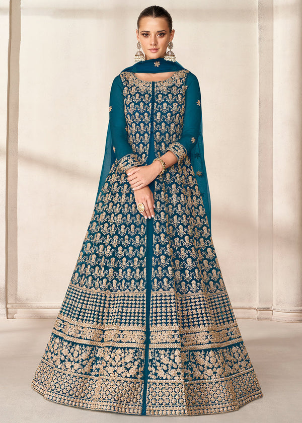 Prussian Blue Net Anarkali Suit with Heavy Embroidey work
