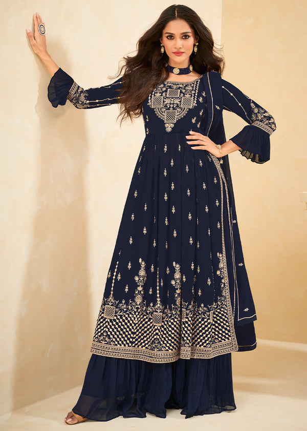 Denim Blue Georgette Salwar Suit with Embroidery work