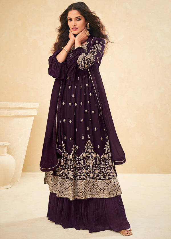 Plum Purple Georgette Salwar Suit with Embroidery work