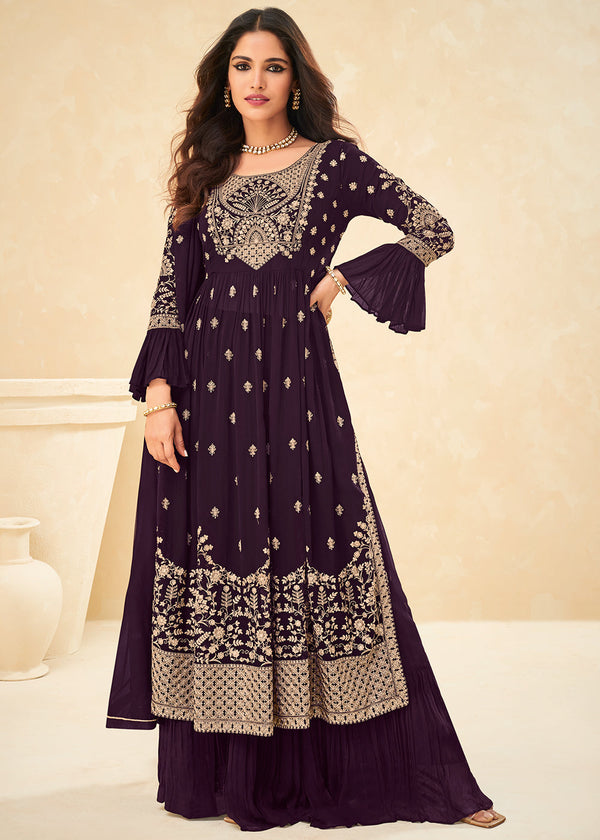 Plum Purple Georgette Salwar Suit with Embroidery work
