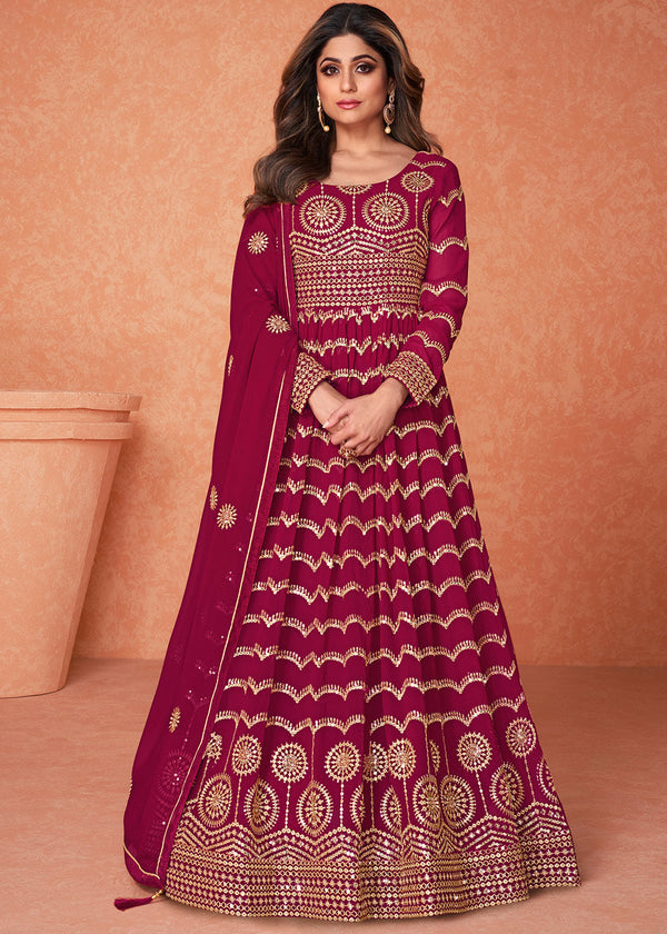 Raspberry Pink Georgette Embroidered Anarkali Suit