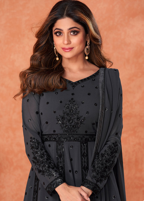 Shadow Black Georgette Embroidered Anarkali Suit
