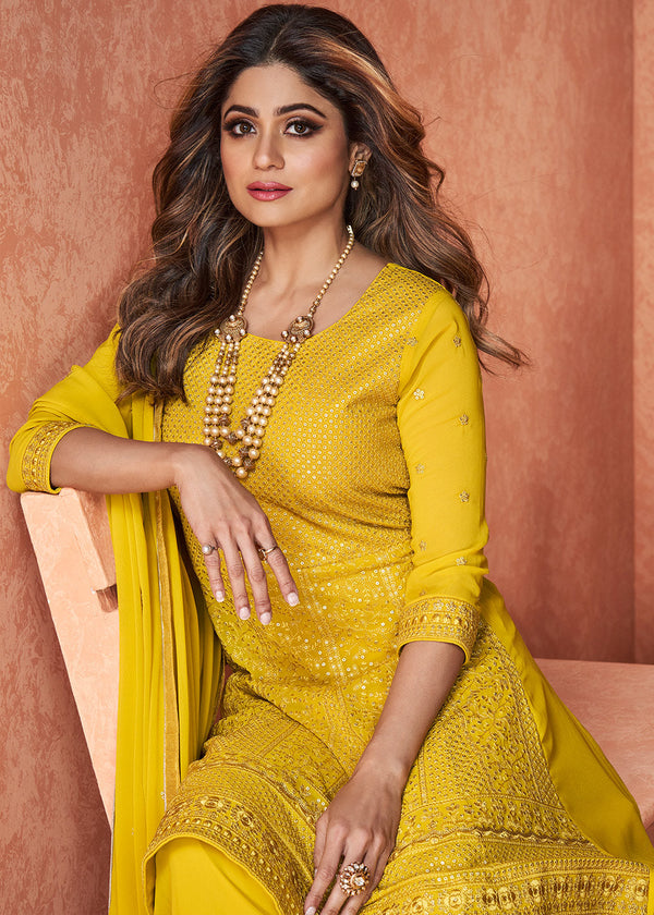 Pineapple Yellow Embroidered Georgette Plazzo Suit