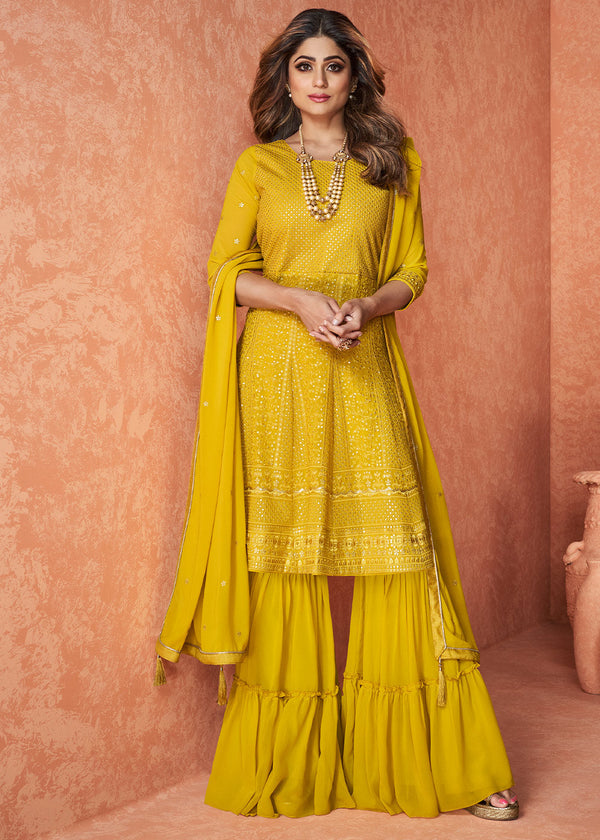 Pineapple Yellow Embroidered Georgette Plazzo Suit