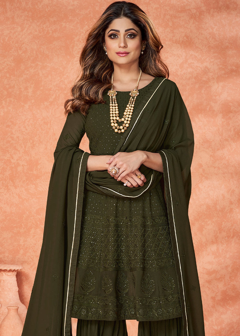 Army Green Embroidered Georgette Plazzo Suit