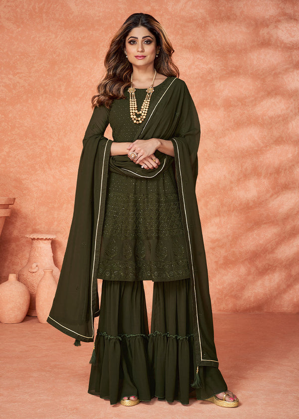 Army Green Embroidered Georgette Plazzo Suit
