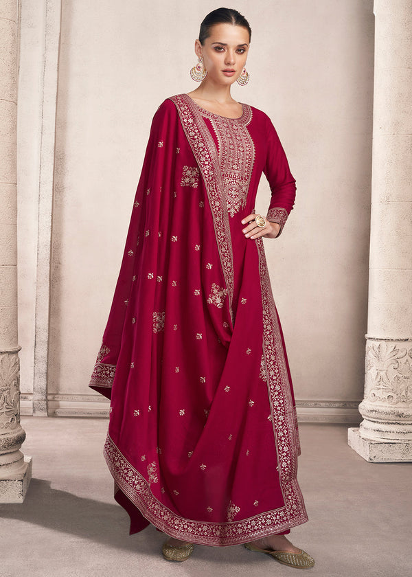 Dark Ruby Pink Silk Salwar Suit with Floral Embroidery work