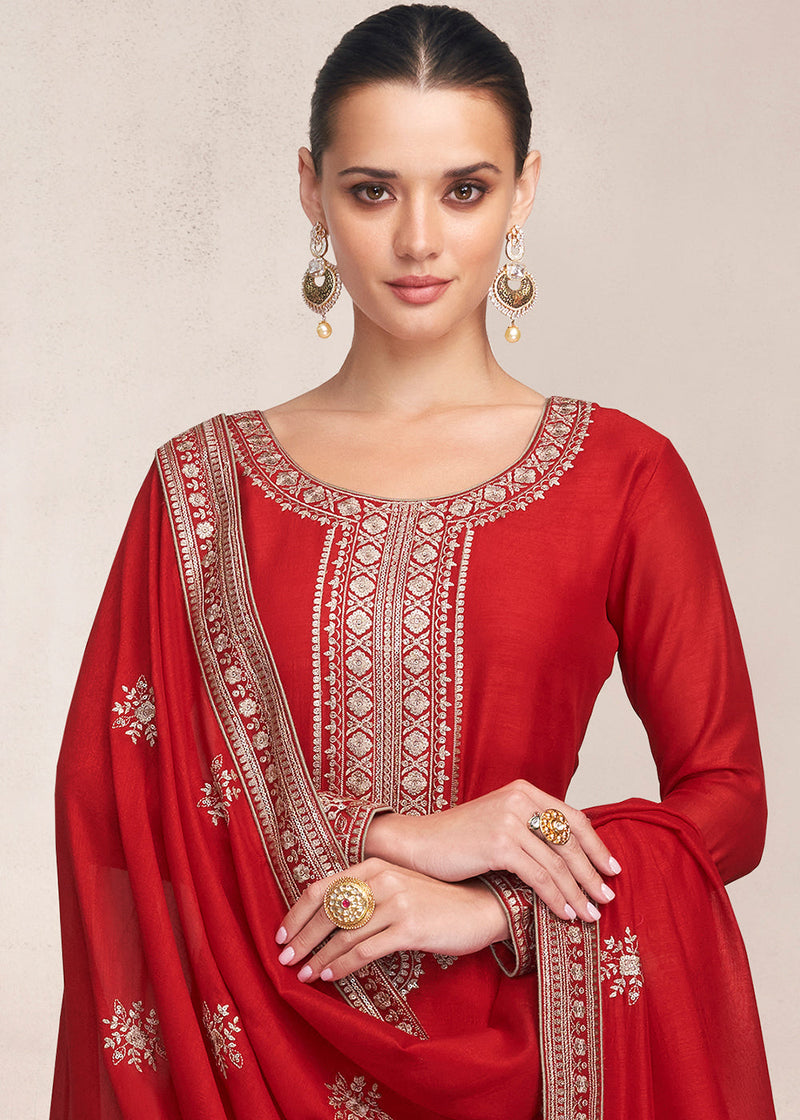 Candy Red Silk Salwar Suit with Floral Embroidery work