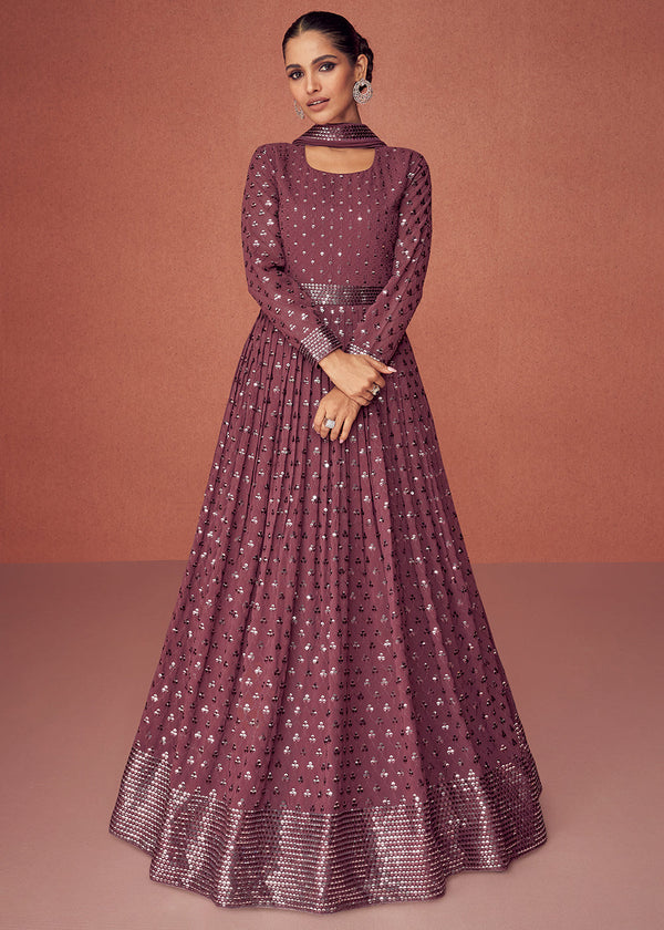 Wine Pink Designer Georgette Anarkali Suit with Sequins work