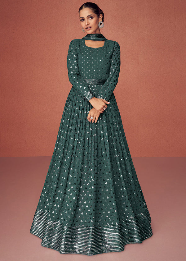 Dark Green Designer Georgette Anarkali Suit with Sequins work