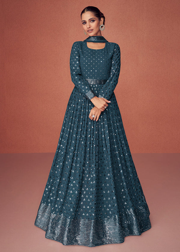 Prussian Blue Designer Georgette Anarkali Suit with Sequins work