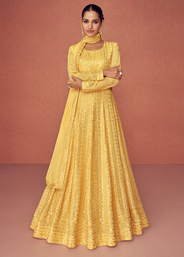 Titanium Yellow Georgette Embroidered Anarkali Suit
