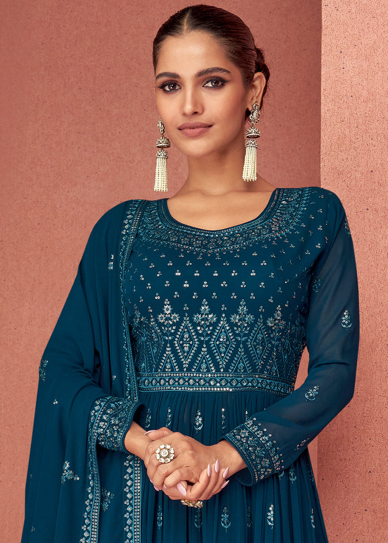 Space Blue Georgette Embroidered Anarkali Suit