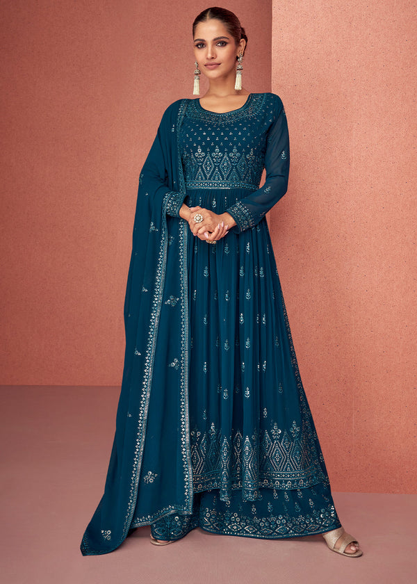 Space Blue Georgette Embroidered Anarkali Suit