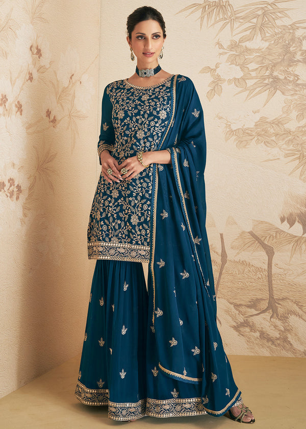 Prussian Blue Embroidered Georgette Plazzo Suit