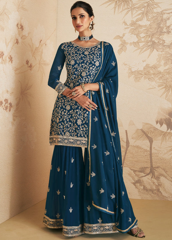 Prussian Blue Embroidered Georgette Plazzo Suit