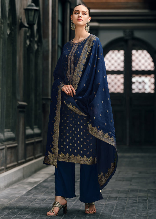 Berry Blue Designer Woven Viscose Organza Salwar Suit with Embroidery work