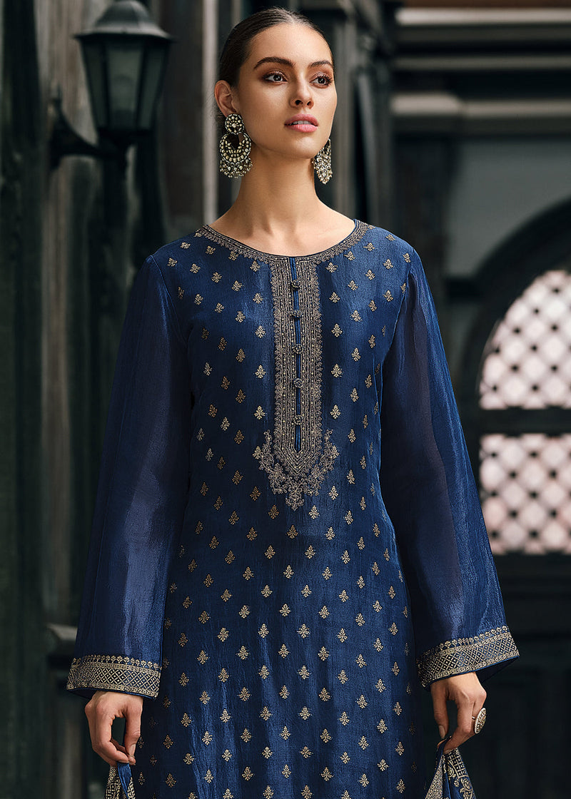 Berry Blue Designer Woven Viscose Organza Salwar Suit with Embroidery work
