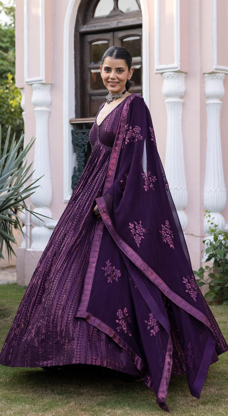 Wine Sequins Anarkali with Embroidered Dupatta