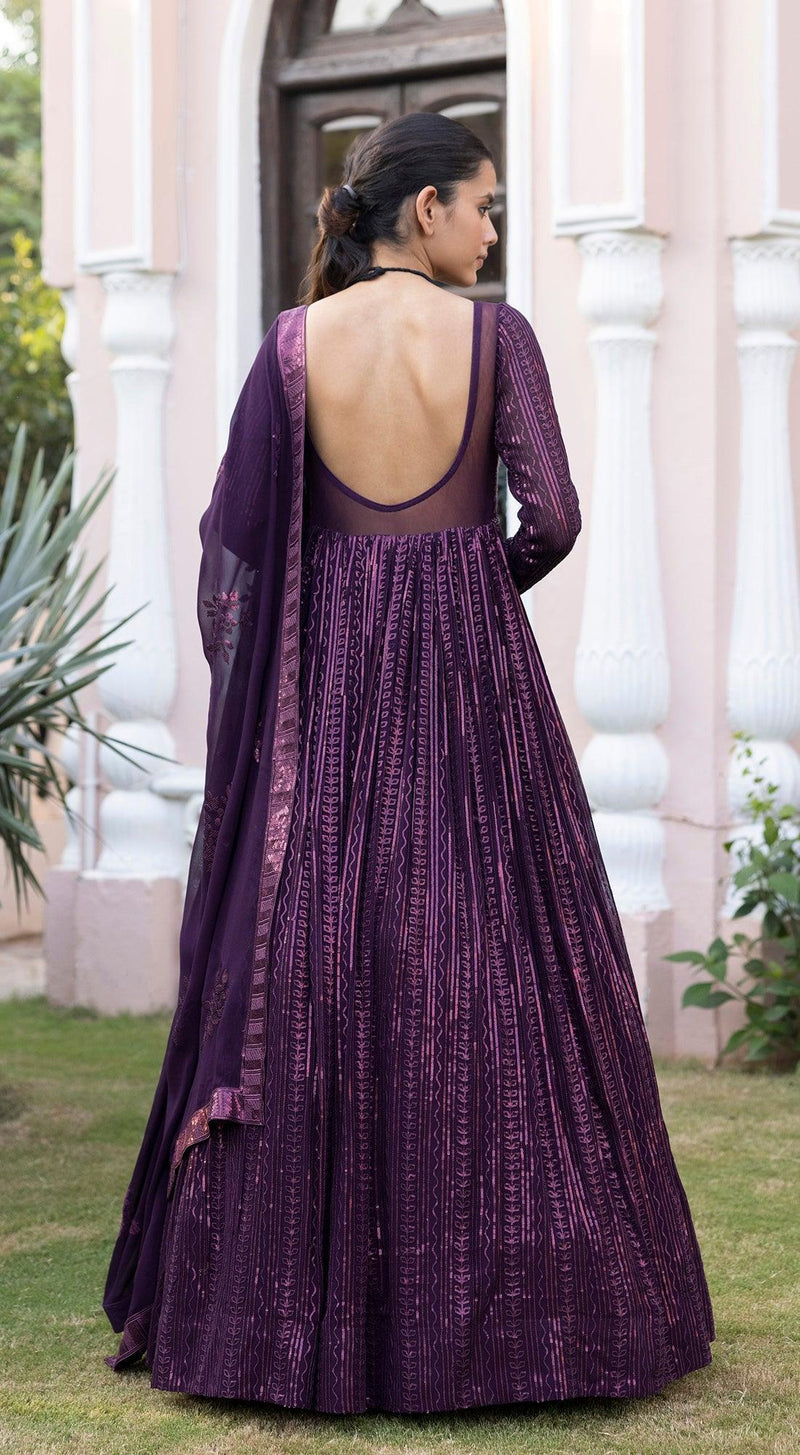 Wine Sequins Anarkali with Embroidered Dupatta