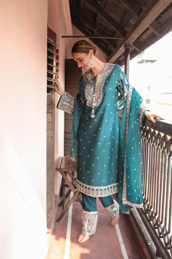 Teal Blue Embroiderd Suit