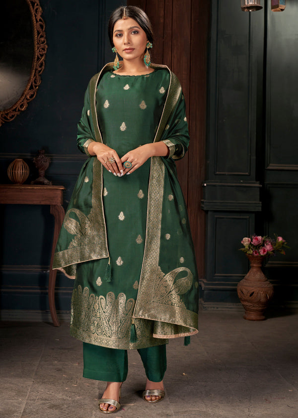 Cadmium Green Designer Viscose Salwar Suit having Zari work