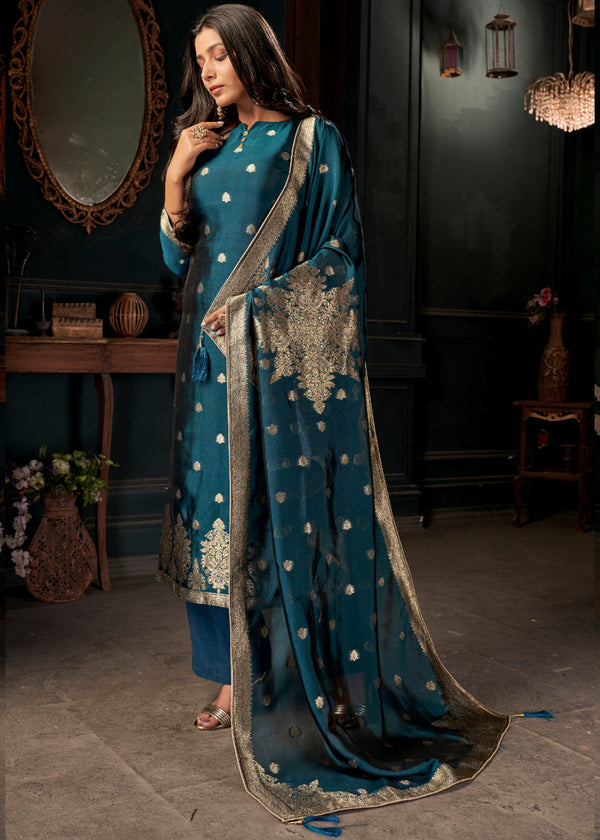 Dark Blue Designer Viscose Salwar Suit having Zari work