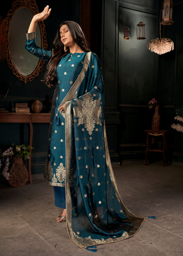 Dark Blue Designer Viscose Salwar Suit having Zari work