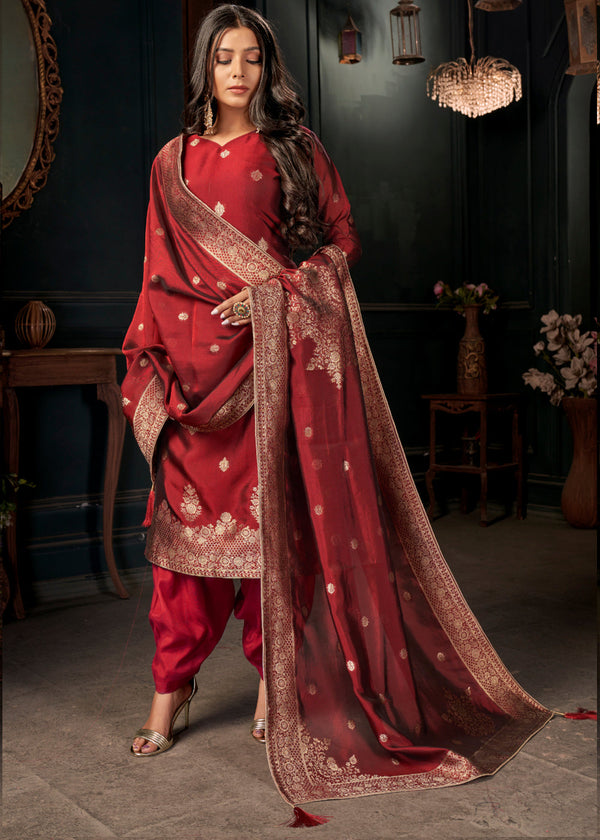 Rufous Red Designer Viscose Salwar Suit having Zari work