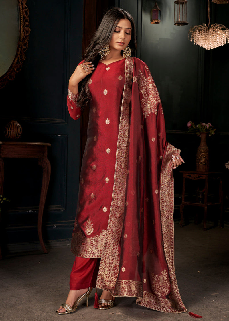 Rufous Red Designer Viscose Salwar Suit having Zari work
