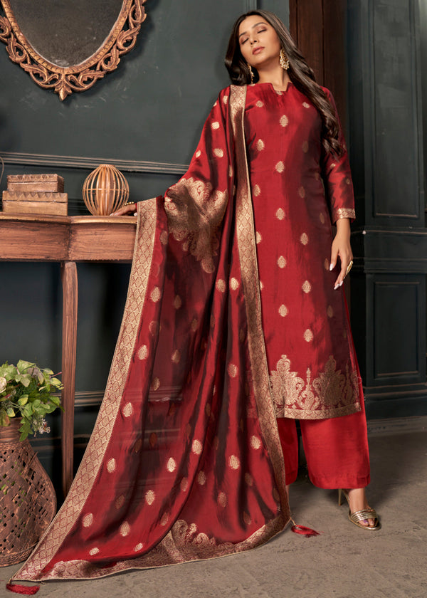 Crimson Red Designer Viscose Salwar Suit having Zari work