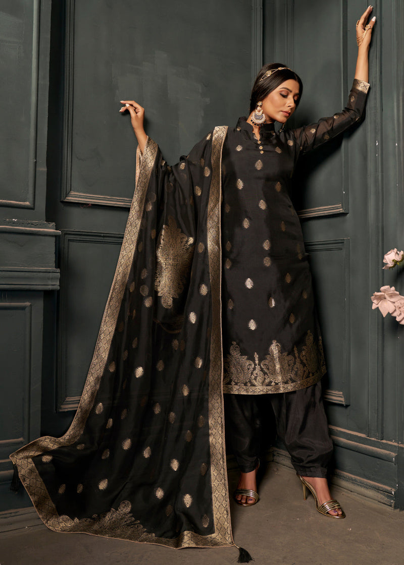Charcoal Black Designer Viscose Salwar Suit having Zari work