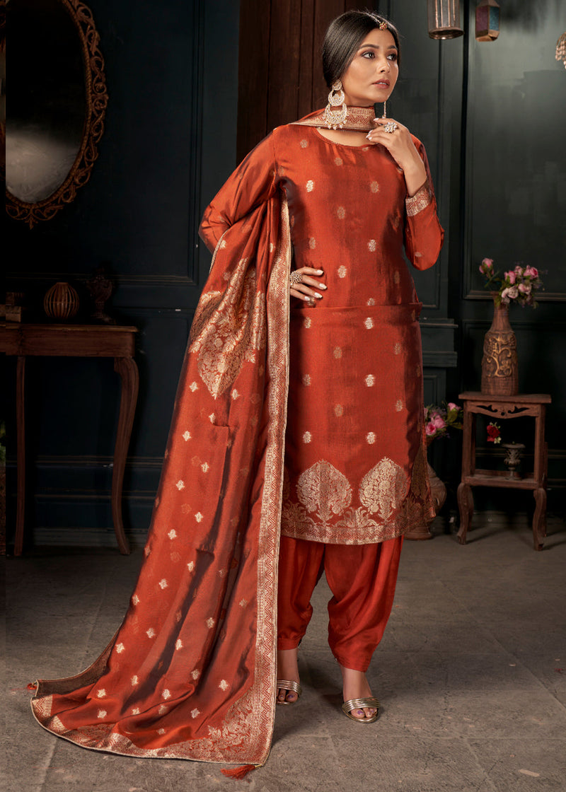 Salamander Orange Designer Viscose Salwar Suit having Zari work
