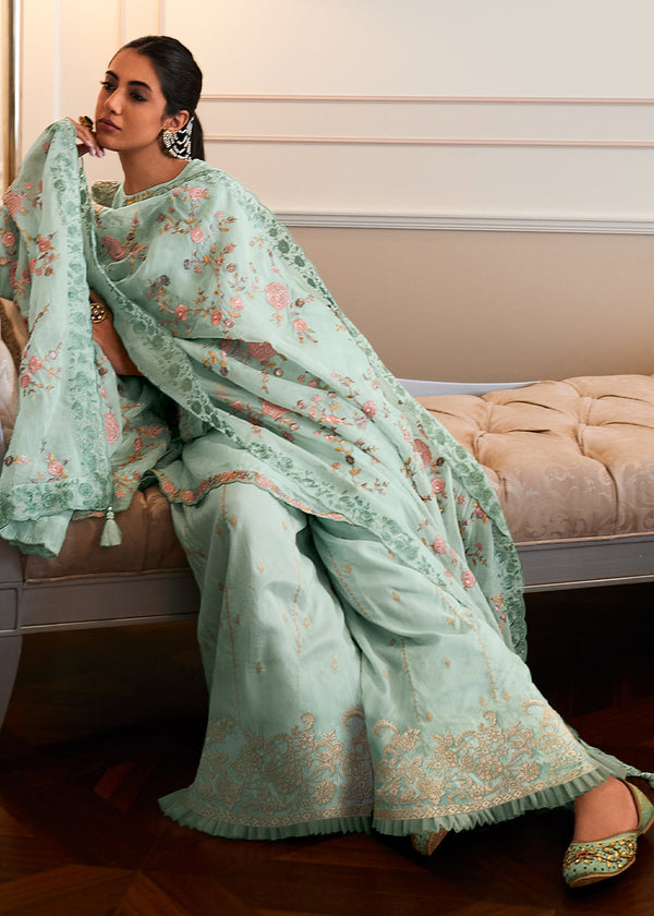 Baby Blue Designer Woven Viscose Organza Salwar Suit with Embroidery work