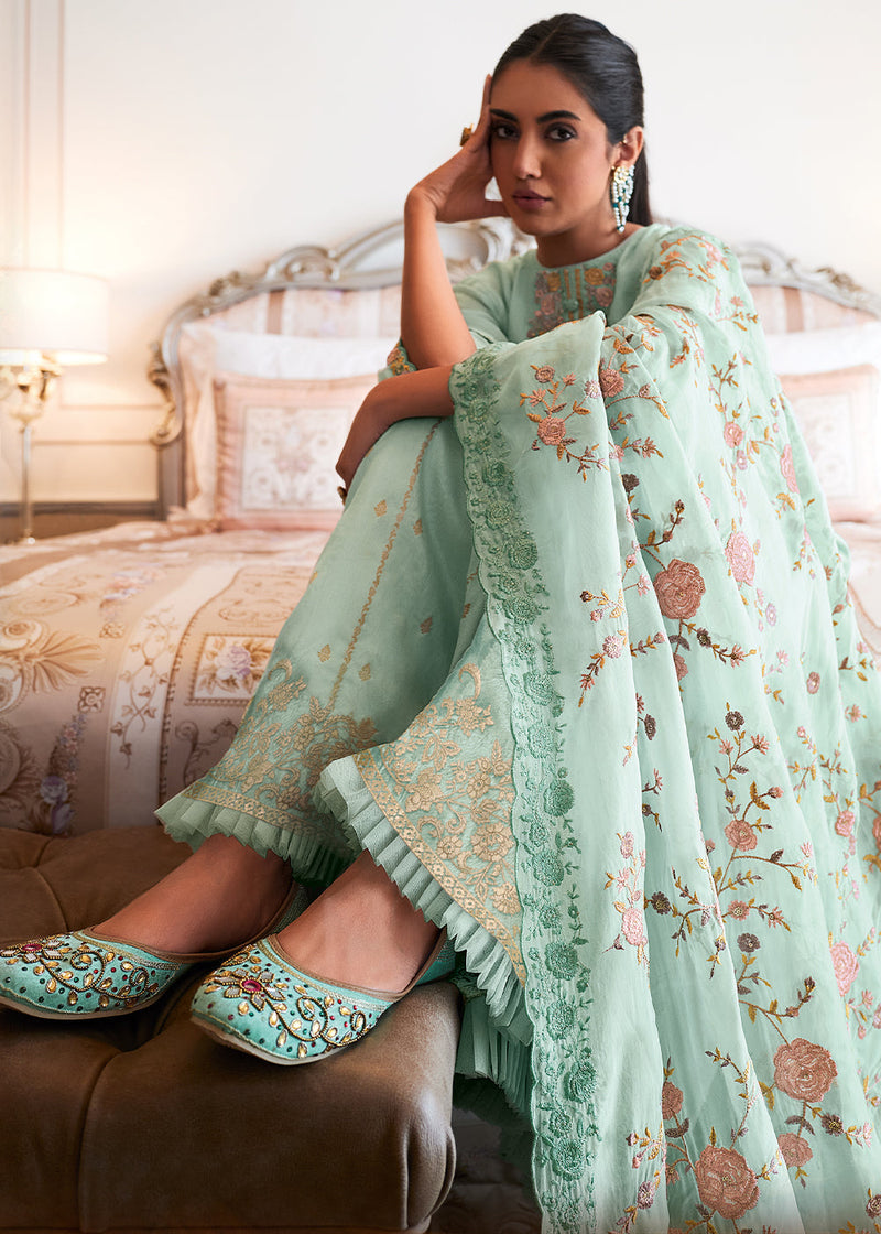 Baby Blue Designer Woven Viscose Organza Salwar Suit with Embroidery work