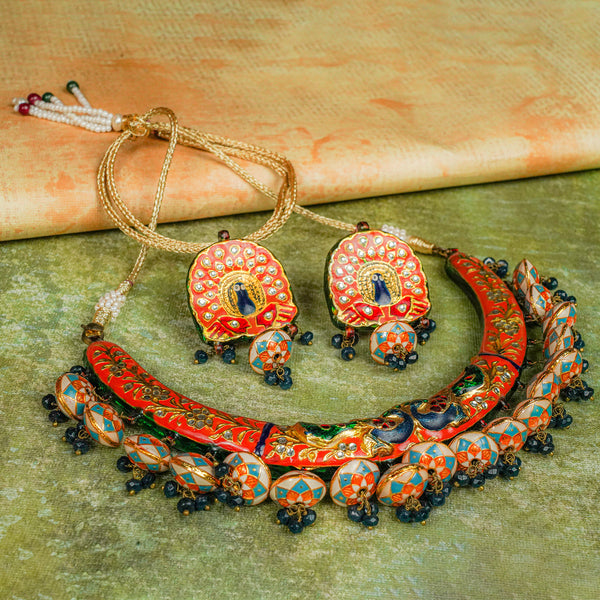 Orange & Blue Stone Studded Meenakari Necklace Set