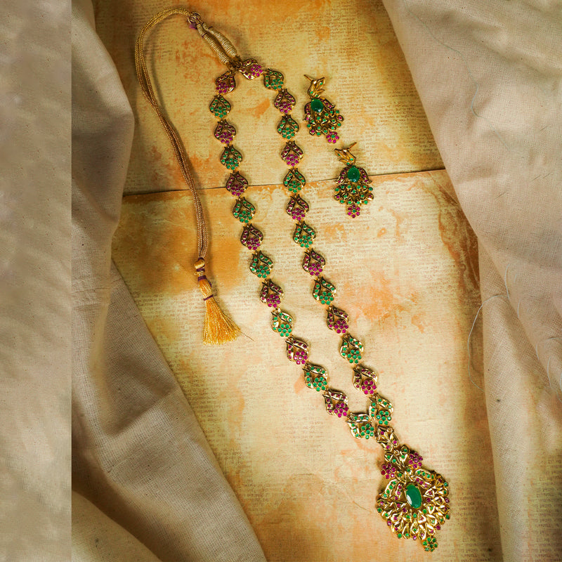 Red & Green Stone Studded Long Necklace Set