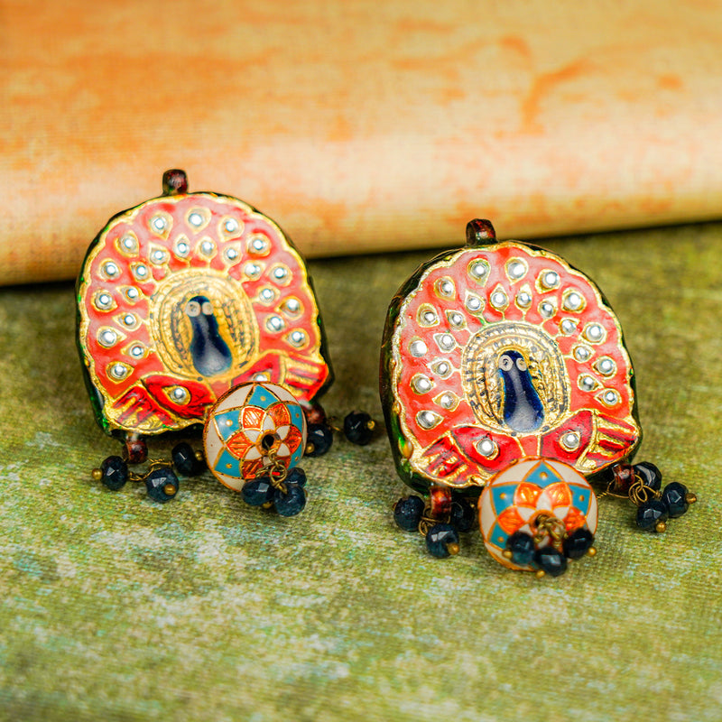 Orange & Blue Stone Studded Meenakari Necklace Set