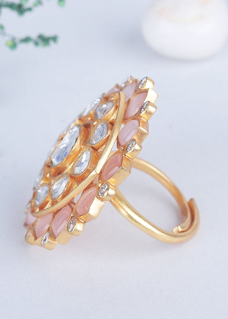 White & Peach Pink Kundan Adjustable Ring Having Stone work