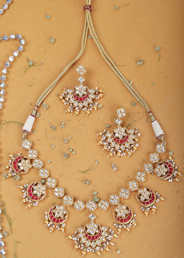 White & Red Kundan Necklace Set Having Stone work
