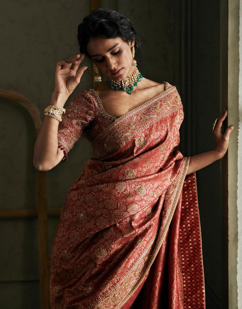 Brocade Saree Highlighted With Kasab, Kundans And Sequins Paired With Brocade Blouse