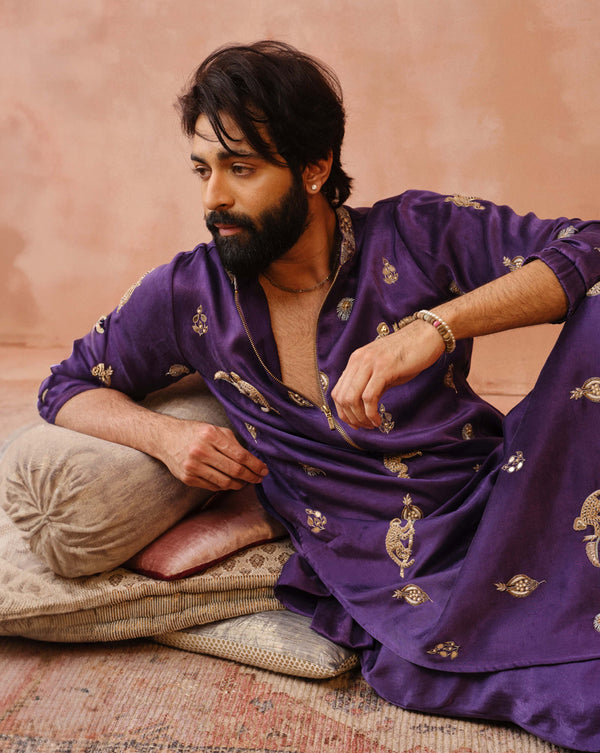Purple Embroidered Bomber Kurta With Jogger Pant