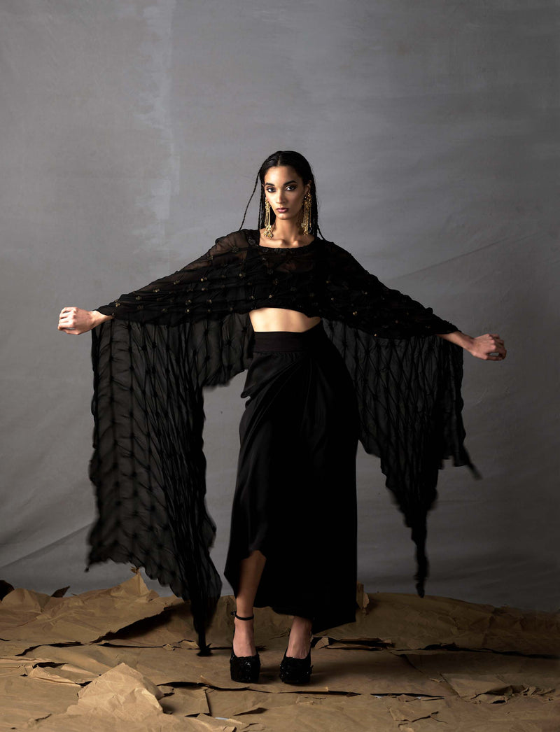Silk draped dupatta cape with crop top and pick up skirt